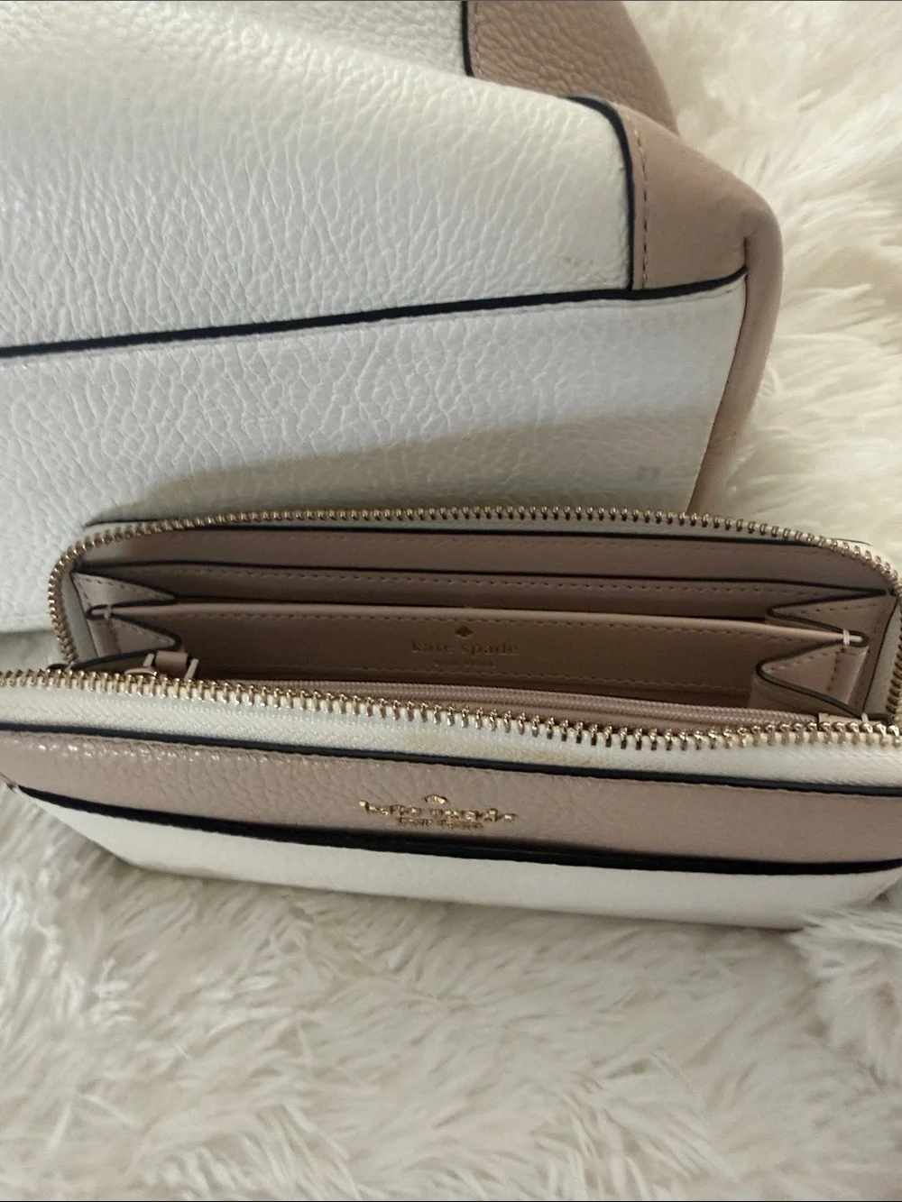 kate spade Pebbled Leather Zip Wallet in White and Blush